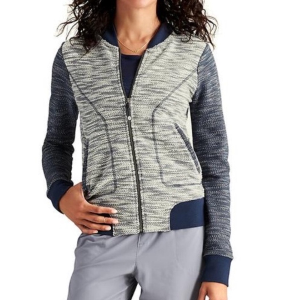 ATHLETA Bombastic Slub Sweatshirt Jacket Full Zip Blue White Womens Small